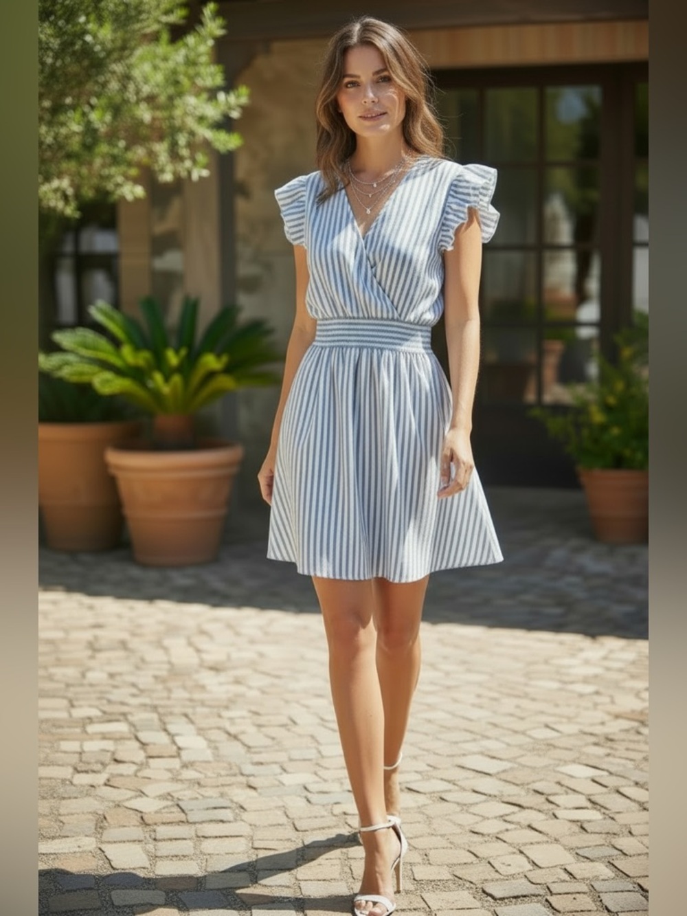 NWOT: size Large Women's Blue and White Striped V-Neck Ruffle Sleeve Dress